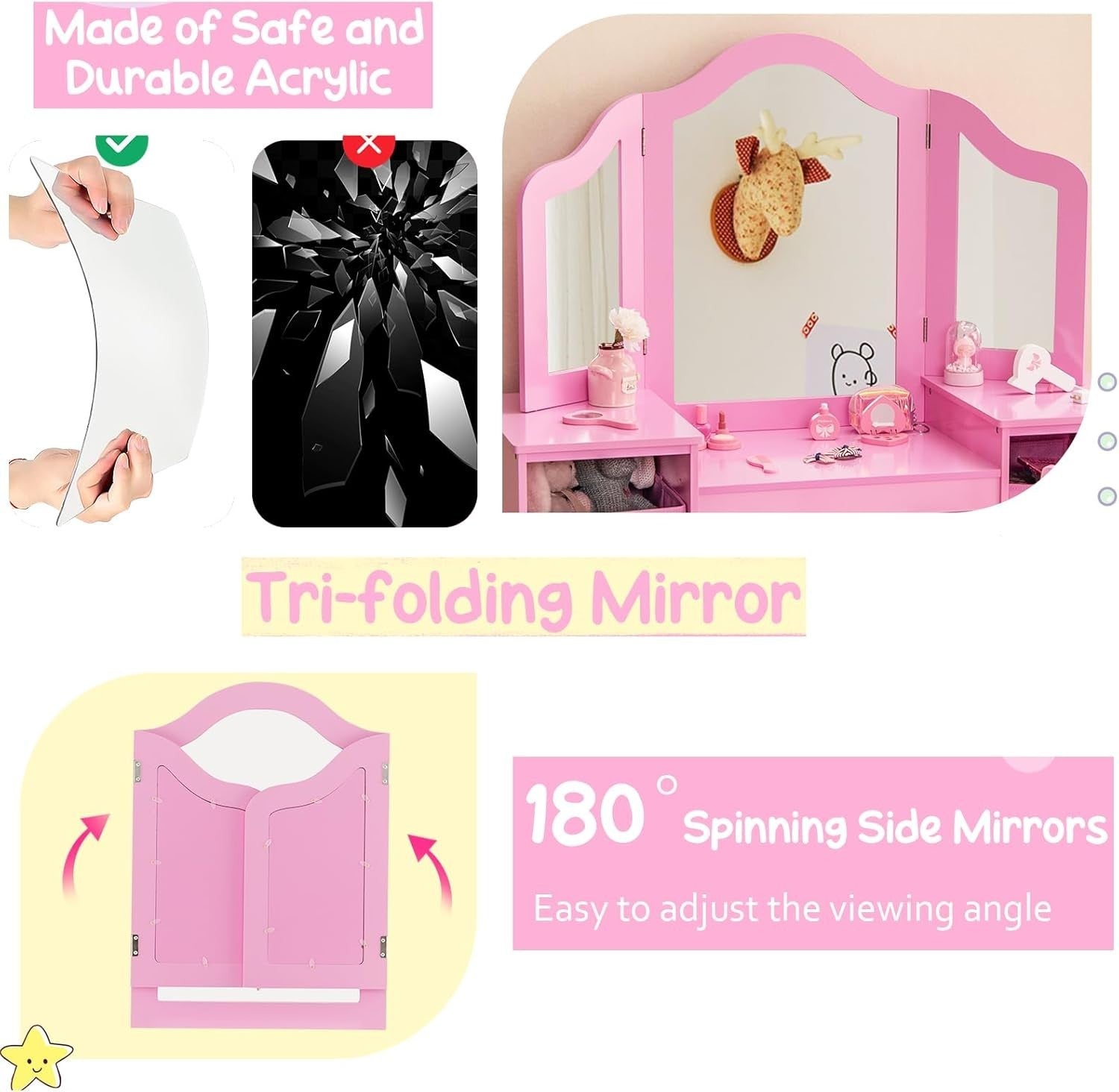 Kids Vanity Table with Tri-Folding Mirror & Storage Bins, Pink Wooden Set