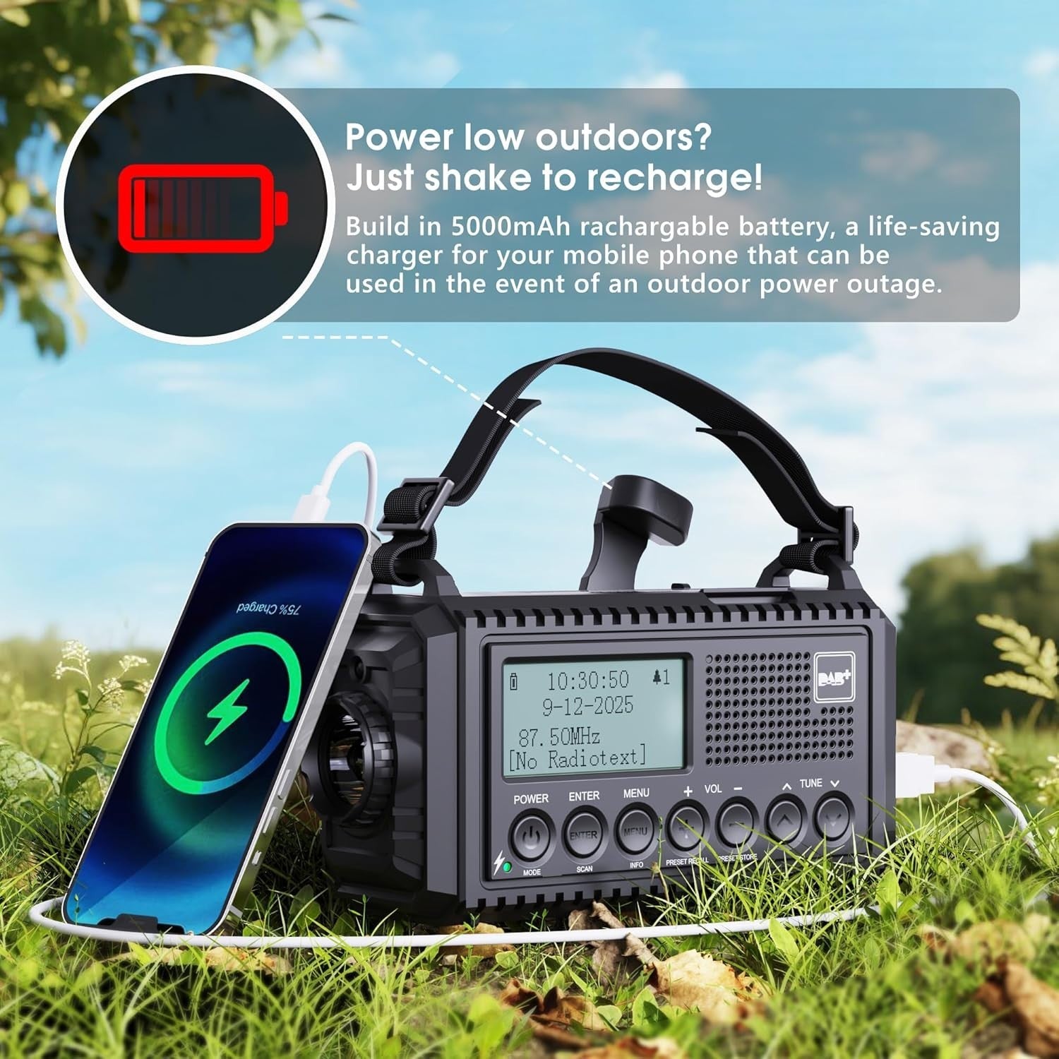 DAB+ Wind Up Solar Radio 5000mAh USB Flashlight Reading Lamp SOS