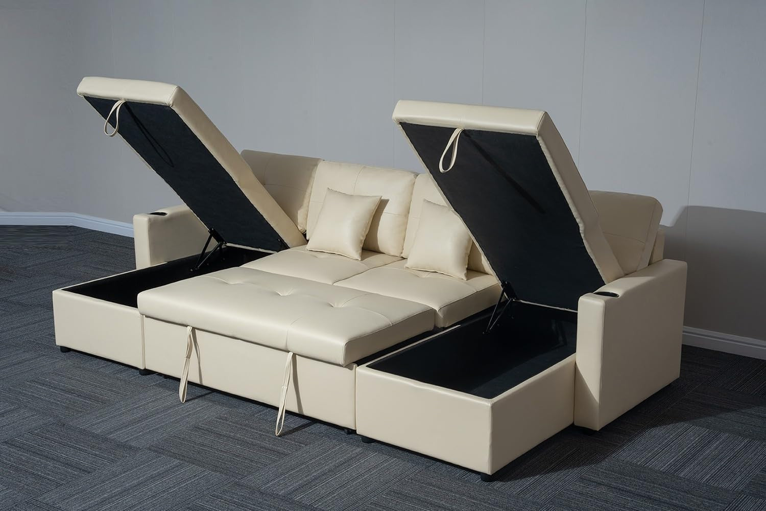 Cream Bonded Leather U-Shaped 4 Seater Sofa Bed with Storage & Pull-Out