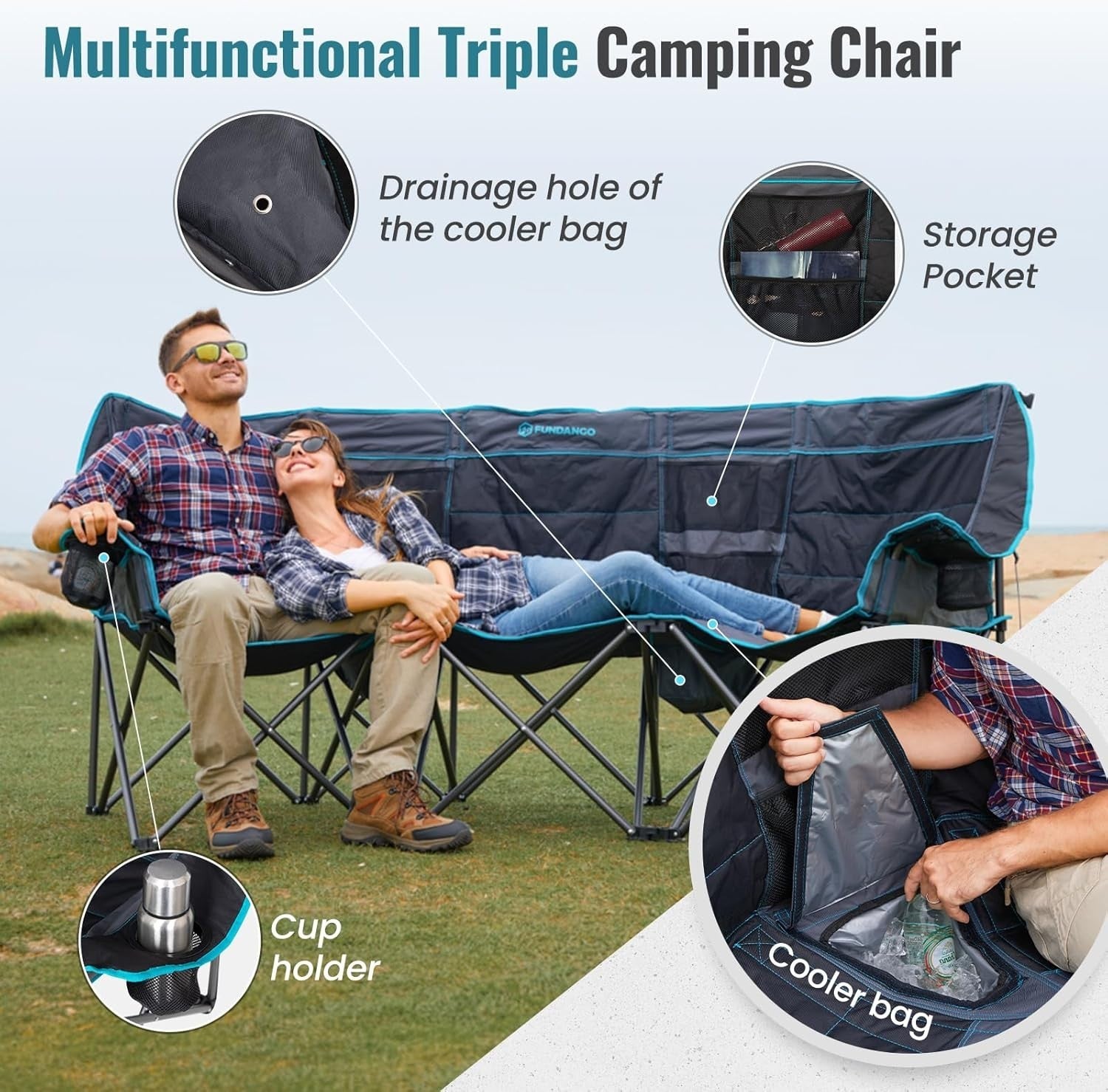 Triple Camping Chair 3-Seater Folding Sofa with Cooler Bag Padded Seat