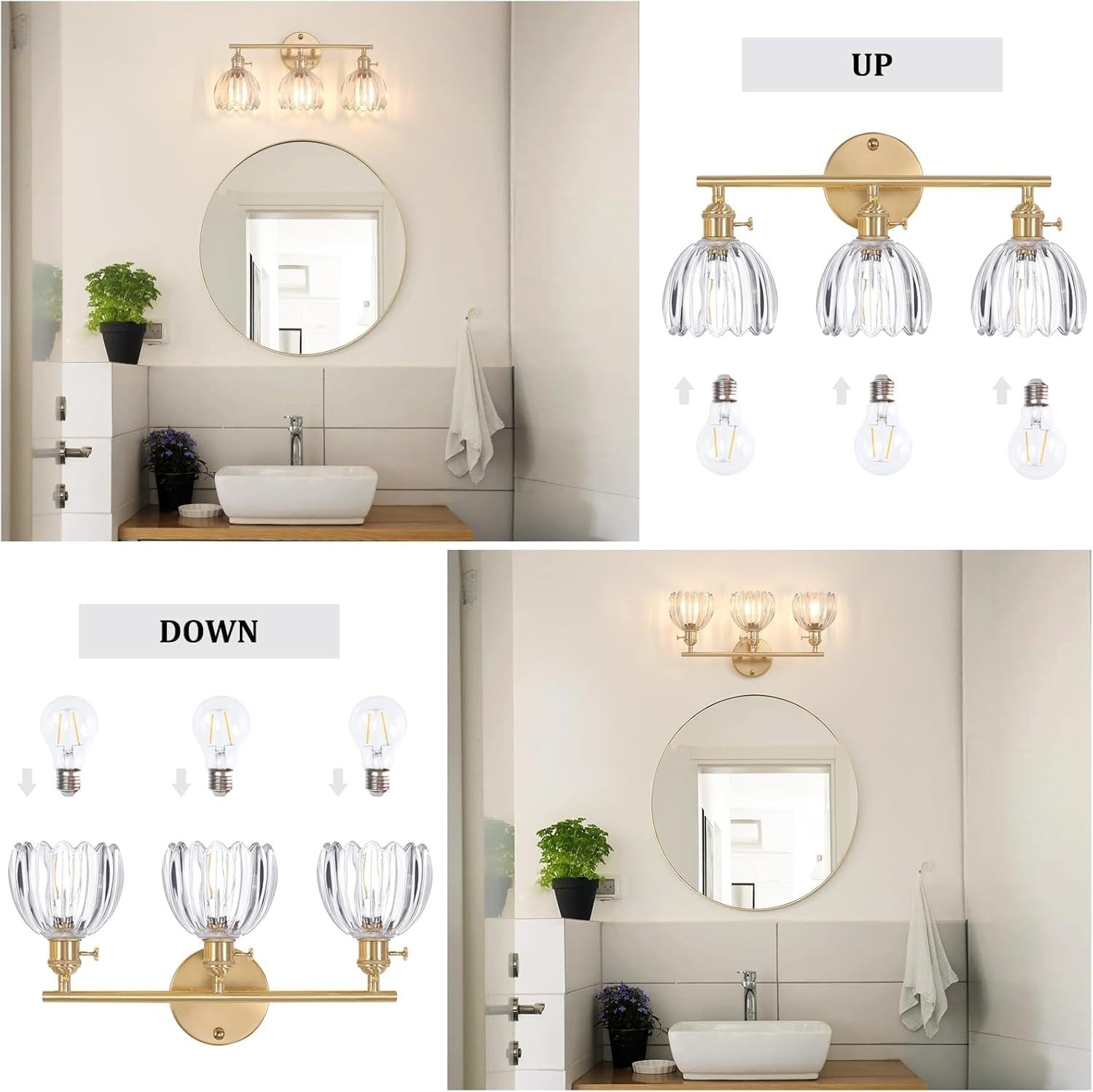 3-Light Clear Glass Wall Sconce Vanity Light Brass Fixture for Bathroom