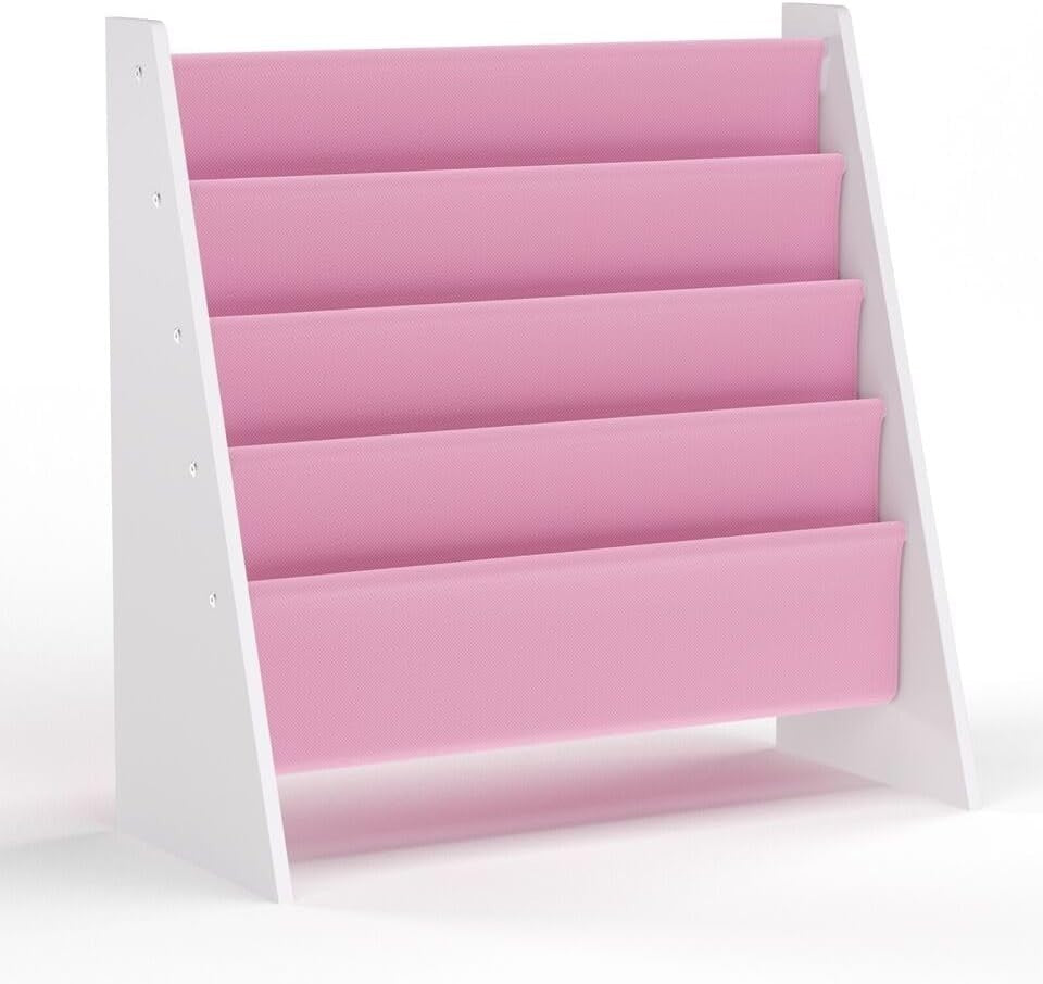 Kids 4 Tier Sling Bookshelf MDF & Fabric Book Storage Rack Pink
