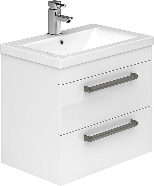 600mm Wall Mounted White Gloss Vanity Unit – 2 Drawer Sink Cabinet with Basin