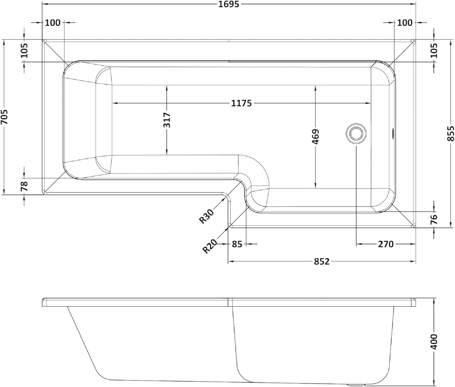1700x850mm Right-Hand L-Shaped Shower Bath Set | Acrylic Soaking Bath