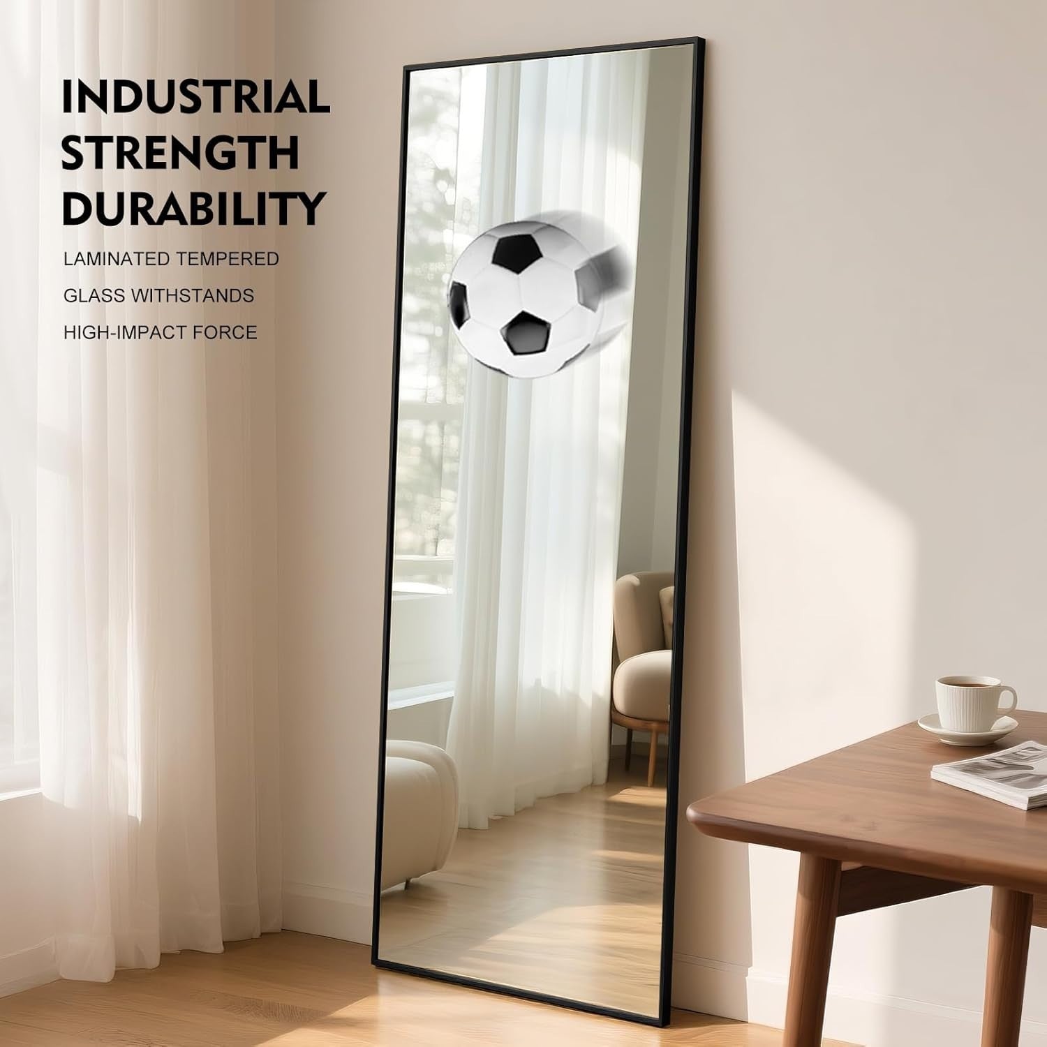Full Length Mirror 163x53cm Square Black Frame, Shatterproof for Bedroom