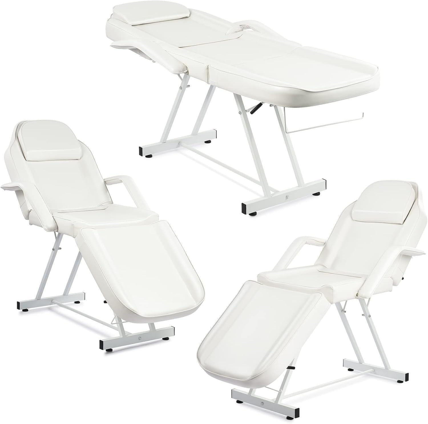 Adjustable 3-Section Beauty Massage Bed Steel Frame w/ Headrest Stool White