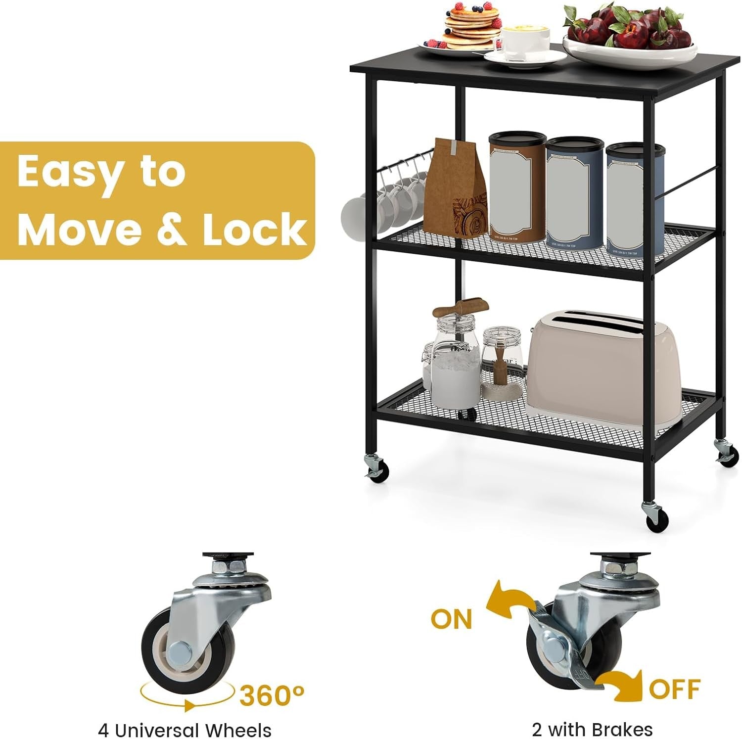 Kitchen Bakers Rack Rolling Microwave Stand 3 Tier Shelves Wheels