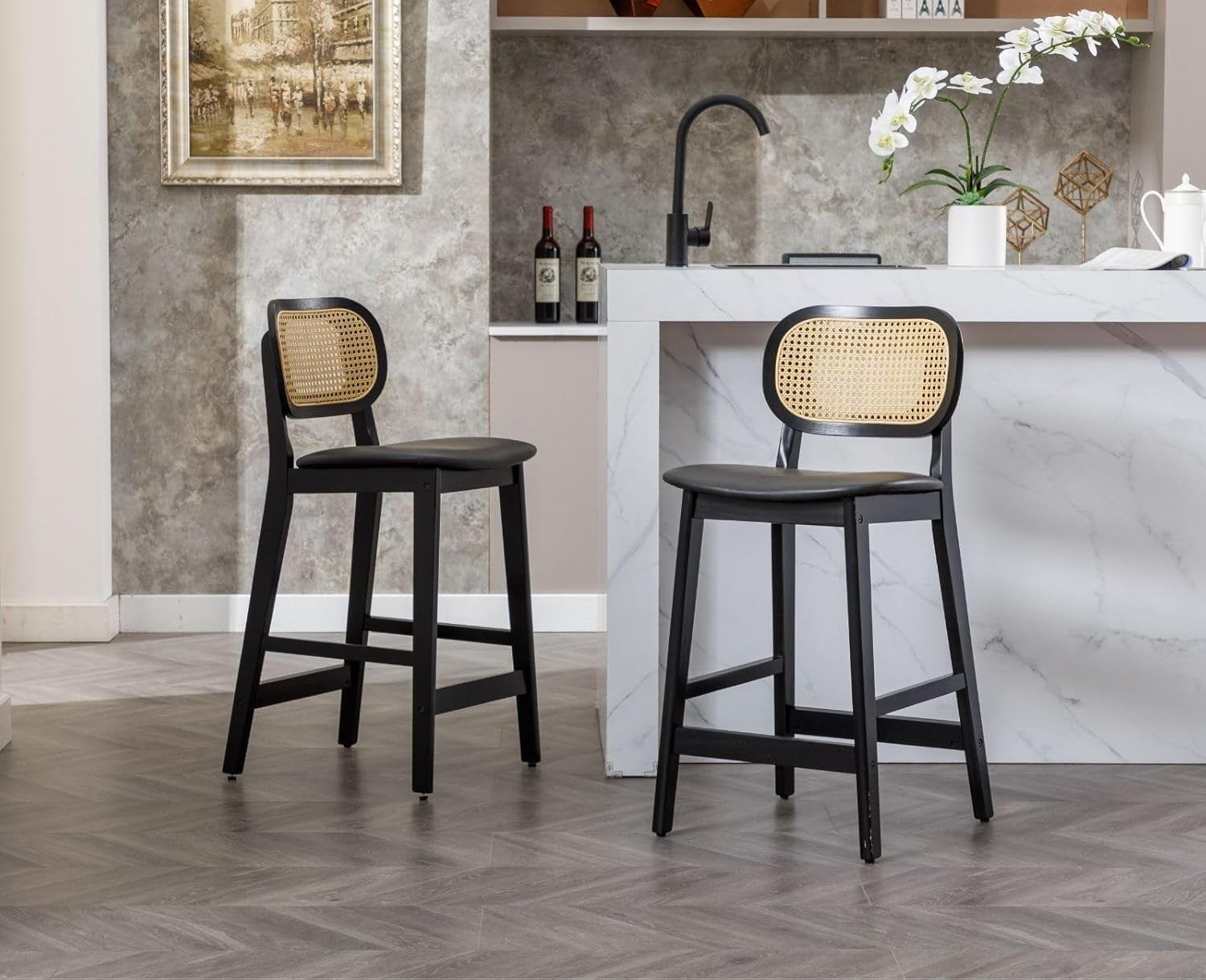 Rattan Bar Stools Set of 2 Counter Height Black Wooden Kitchen Island Chairs