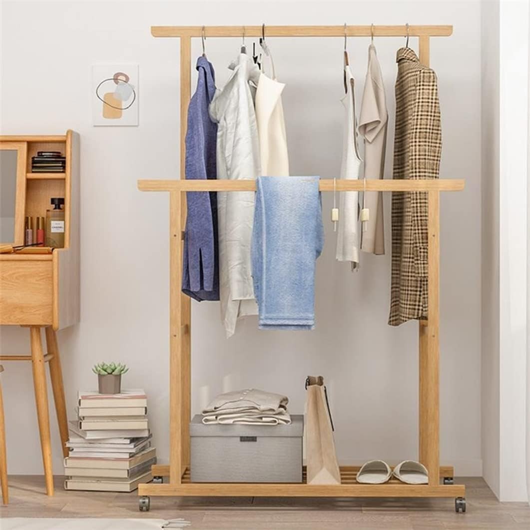 Bamboo Clothes Rail Double Hanging Rack with Wheels & Shelves – 80x40x160cm