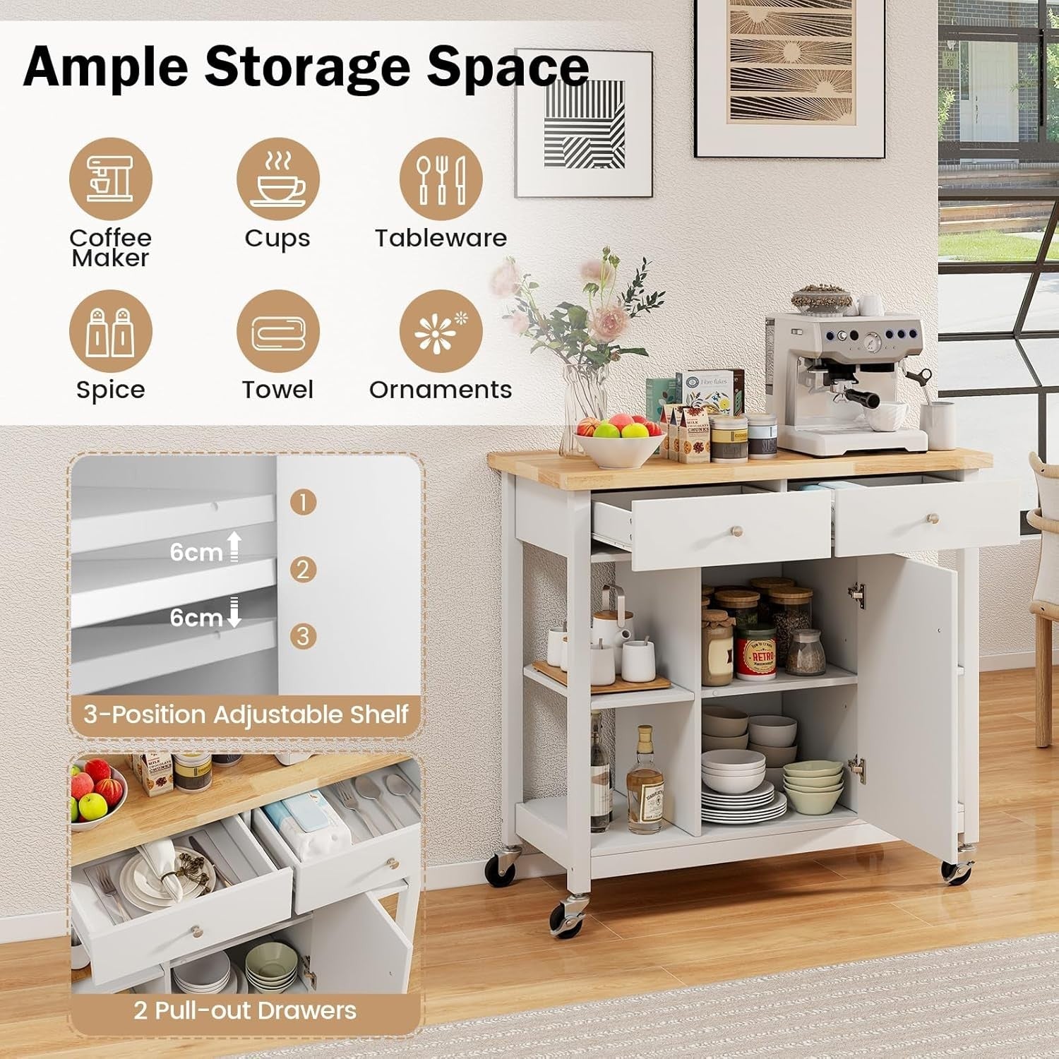 Kitchen Island Trolley with Drawers & Adjustable Shelves White 99x46x90cm