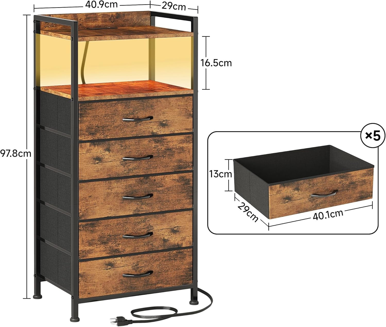 Tall Rustic Brown LED Bedside Table with Charging Ports 5-Drawer Storage Unit