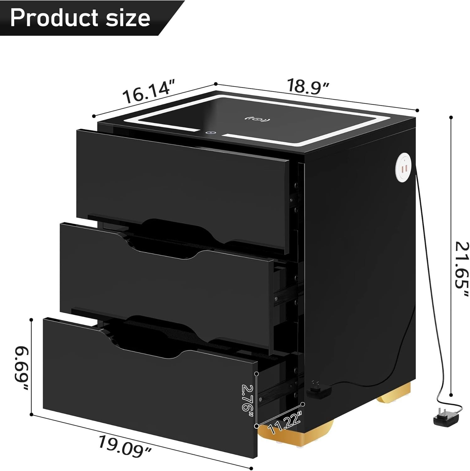 Black High Gloss Bedside Table with Wireless & USB Charging, LED Light, 3 Drawer