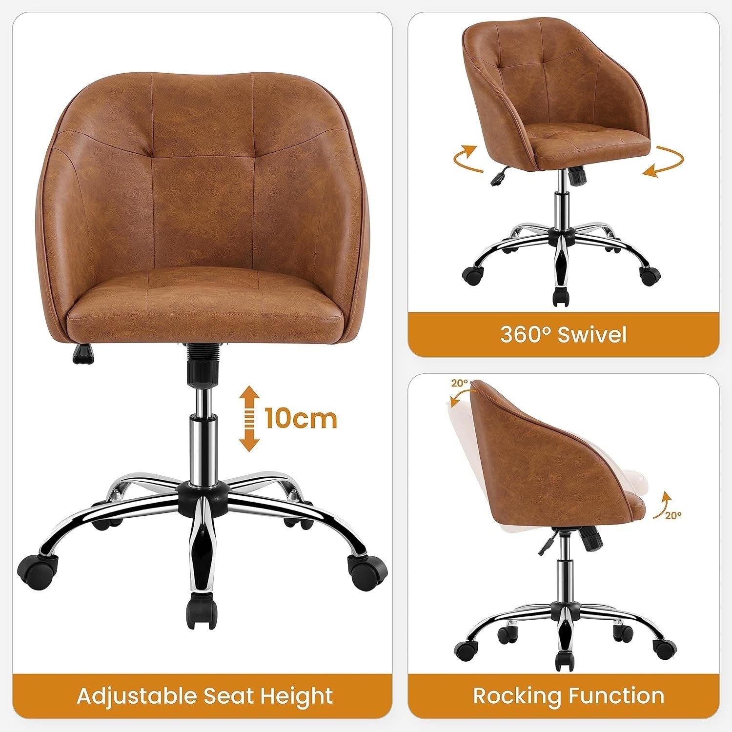 Ergonomic Faux Leather Office Desk Chair Adjustable Swivel Armchair Brown