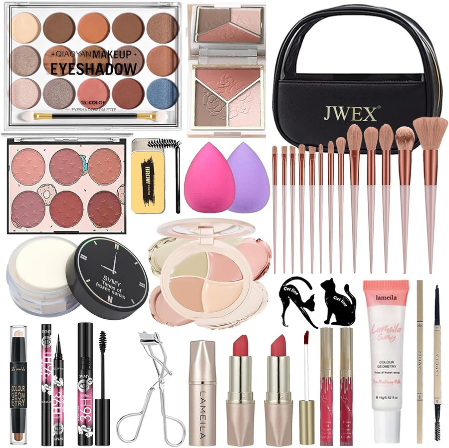 34pc Makeup Kit – Eyeshadow, Lipstick, Brushes & Travel Bag