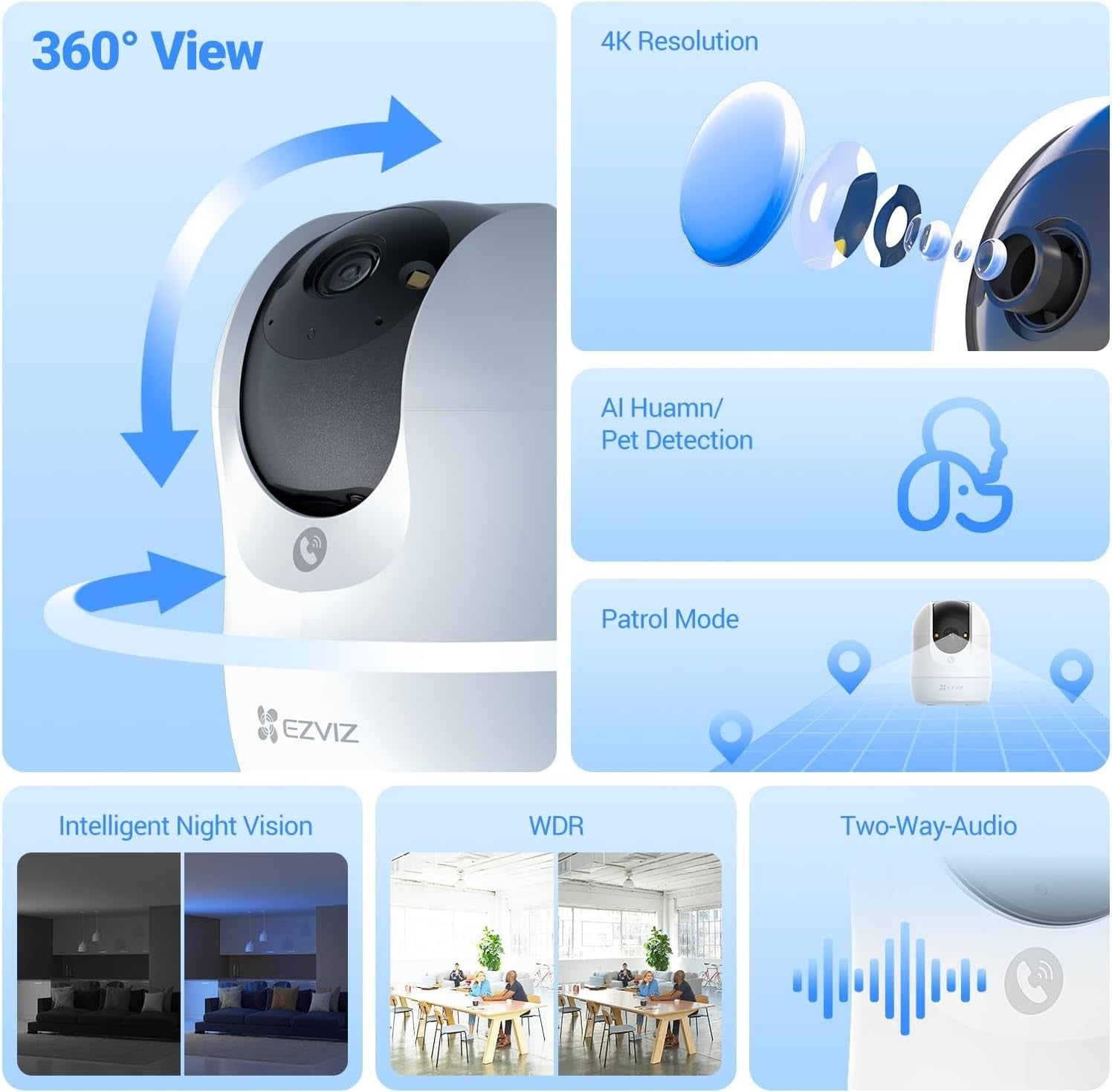 4K Indoor Security Camera 360° Pet Baby Monitor WiFi 6 Night Vision