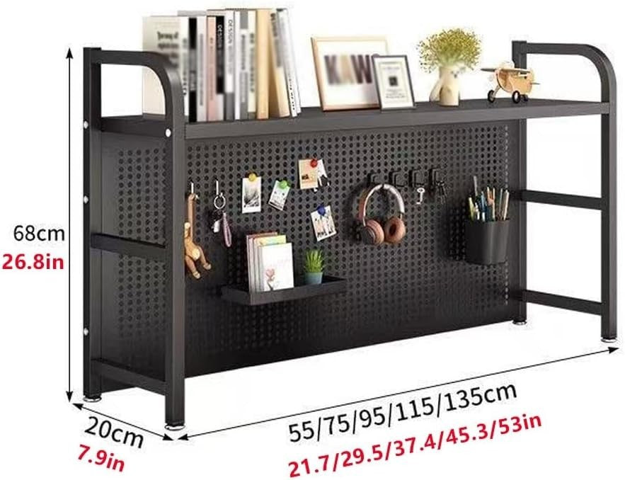 White Desk Hutch Bookshelf w/ Pegboard | Metal Countertop Organizer 55×20×68cm