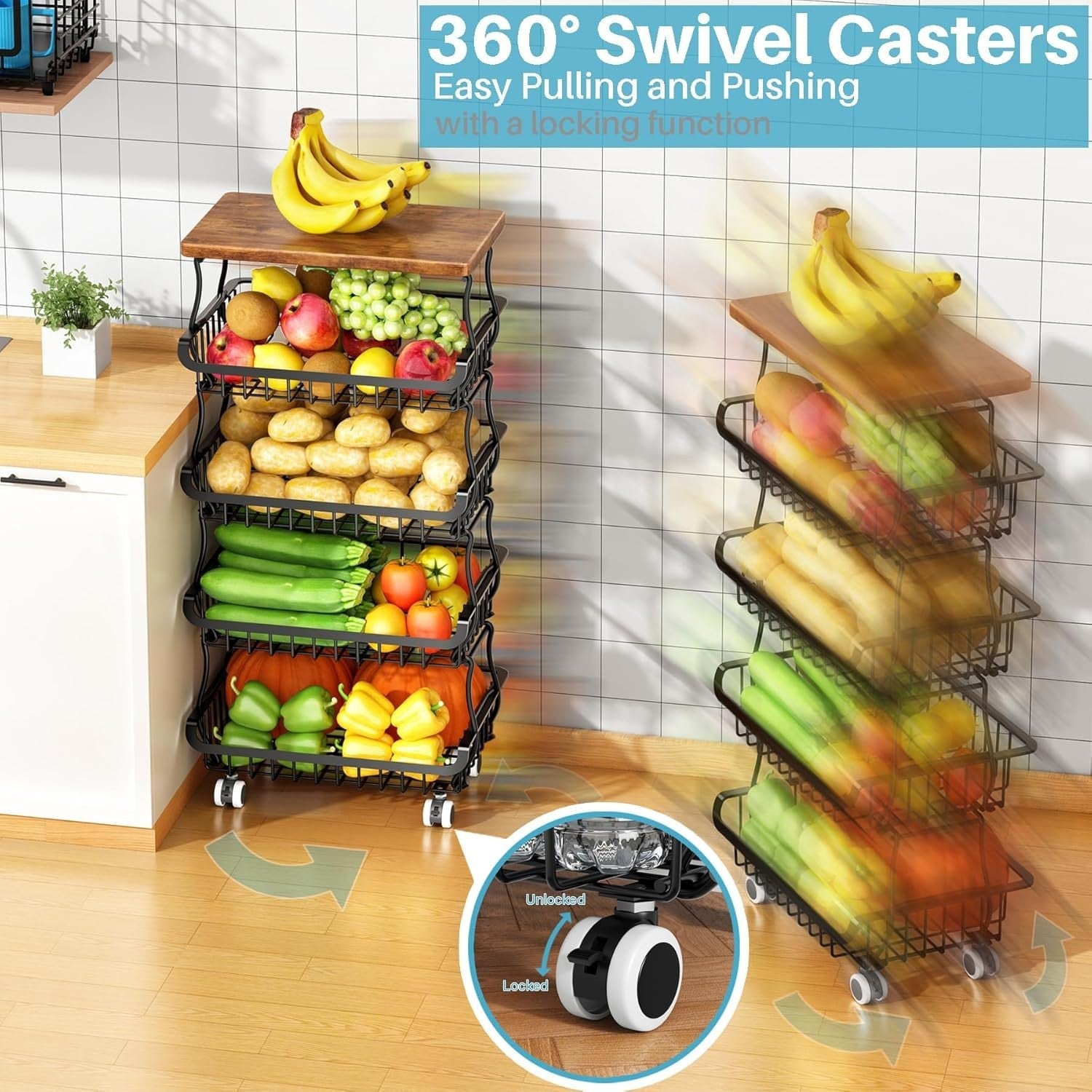 5 Tier Rolling Fruit Vegetable Storage Basket Cart Metal Pantry Organizer