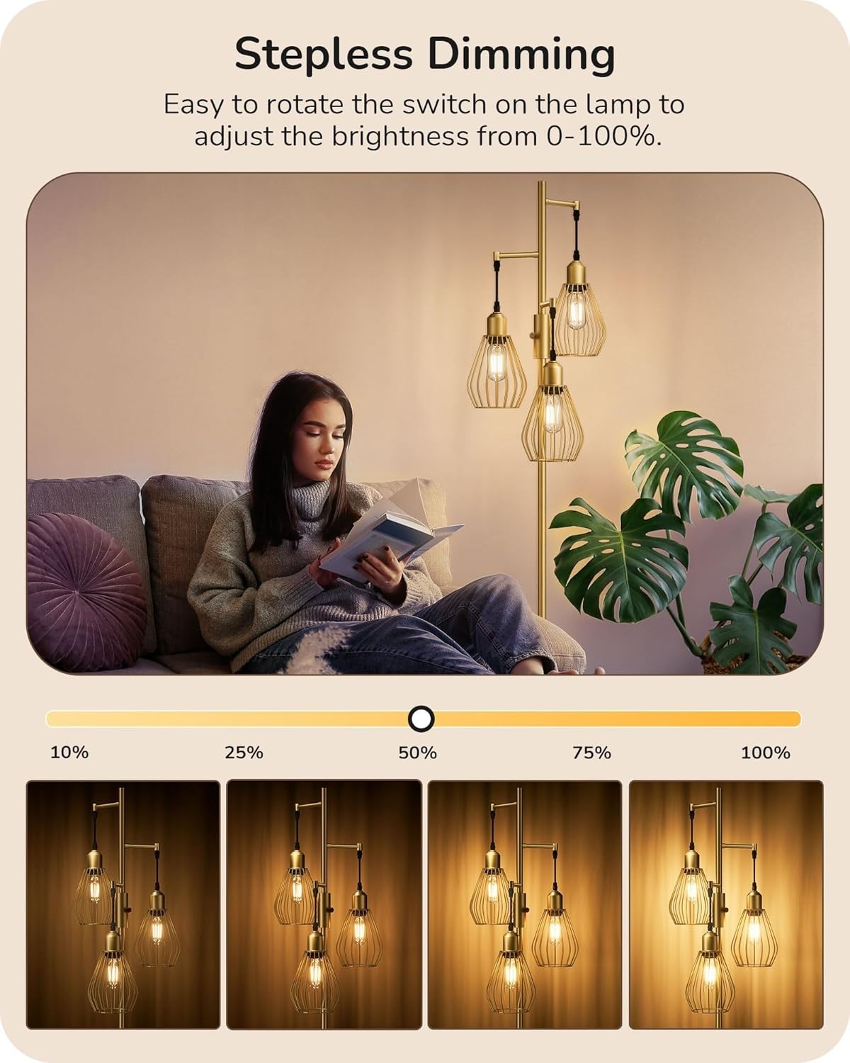 Dimmable Industrial Floor Lamp with Wire Cage Shades & 3 LED Bulbs Gold