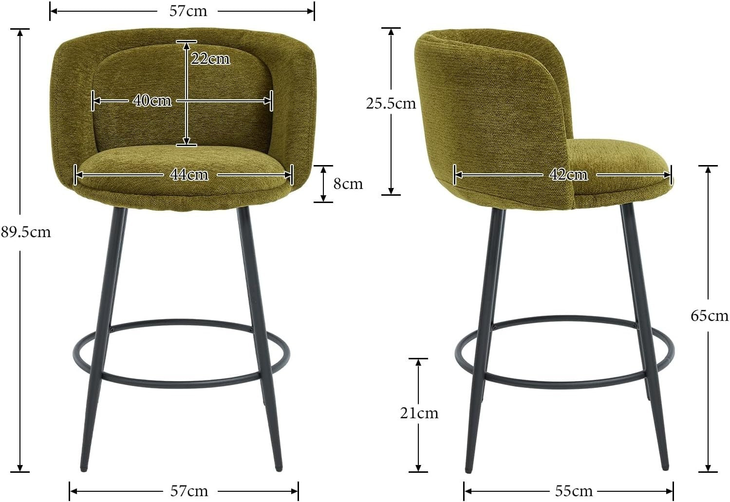 Counter Bar Stools Set of 2 | Green Chenille L-Shaped Dining Chairs
