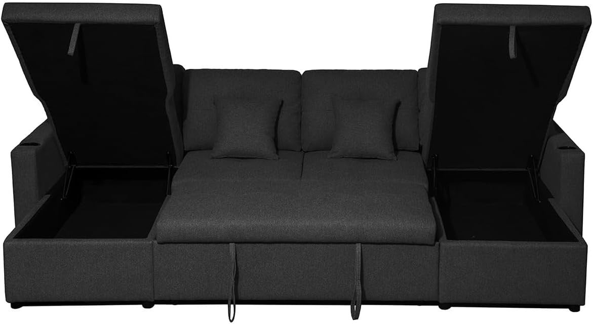 Black Fabric U-Shaped 4 Seater Sofa Bed with Storage & Pull-Out Bed