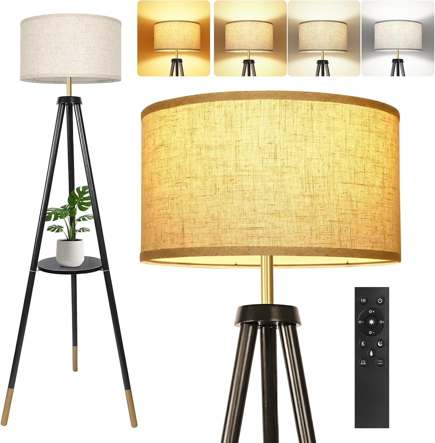 Adjustable Wooden Tripod Floor Lamp with Remote, Timer & Storage Shelf