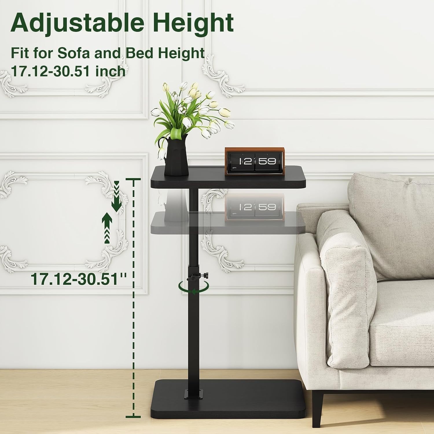 Height Adjustable C Table with 360° Swivel, Space-Saving Side End Table