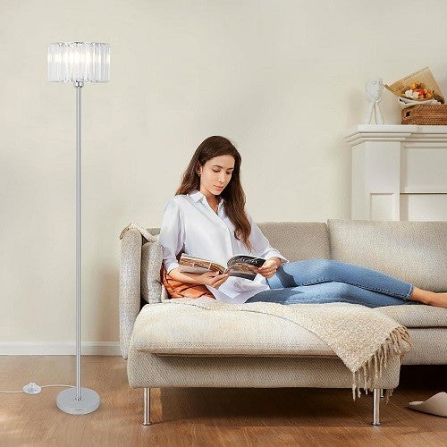 Crystal Floor Lamp Chrome Glass Shade Tall Standing Light Living Room