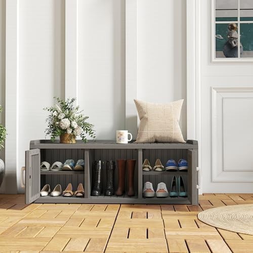Waterproof Shoe Storage Cabinet Bench 2 Door Resin Unit with Shelves Grey