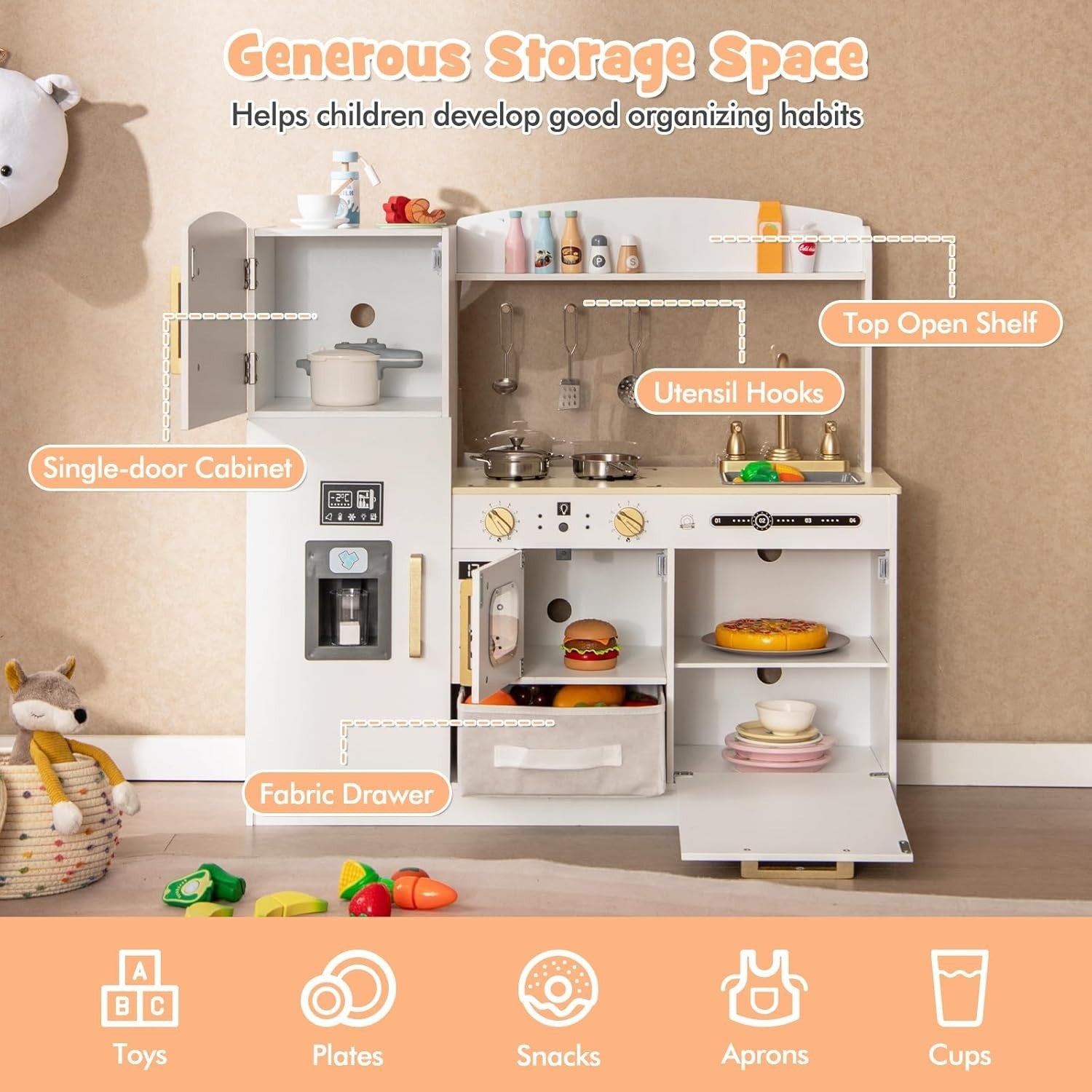 Kids Wooden Play Kitchen w/ Chalkboard Ice Maker White Toy