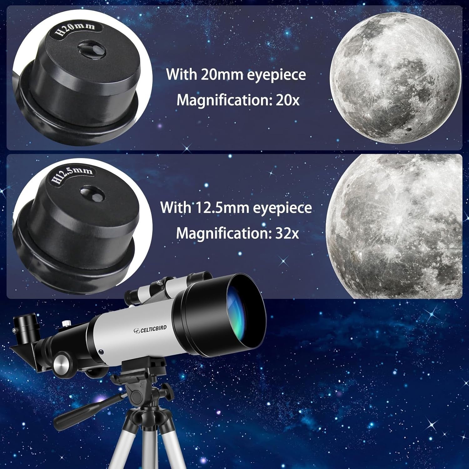 70mm Aperture 400mm Astronomical Refracting Telescope for Kids & Adults