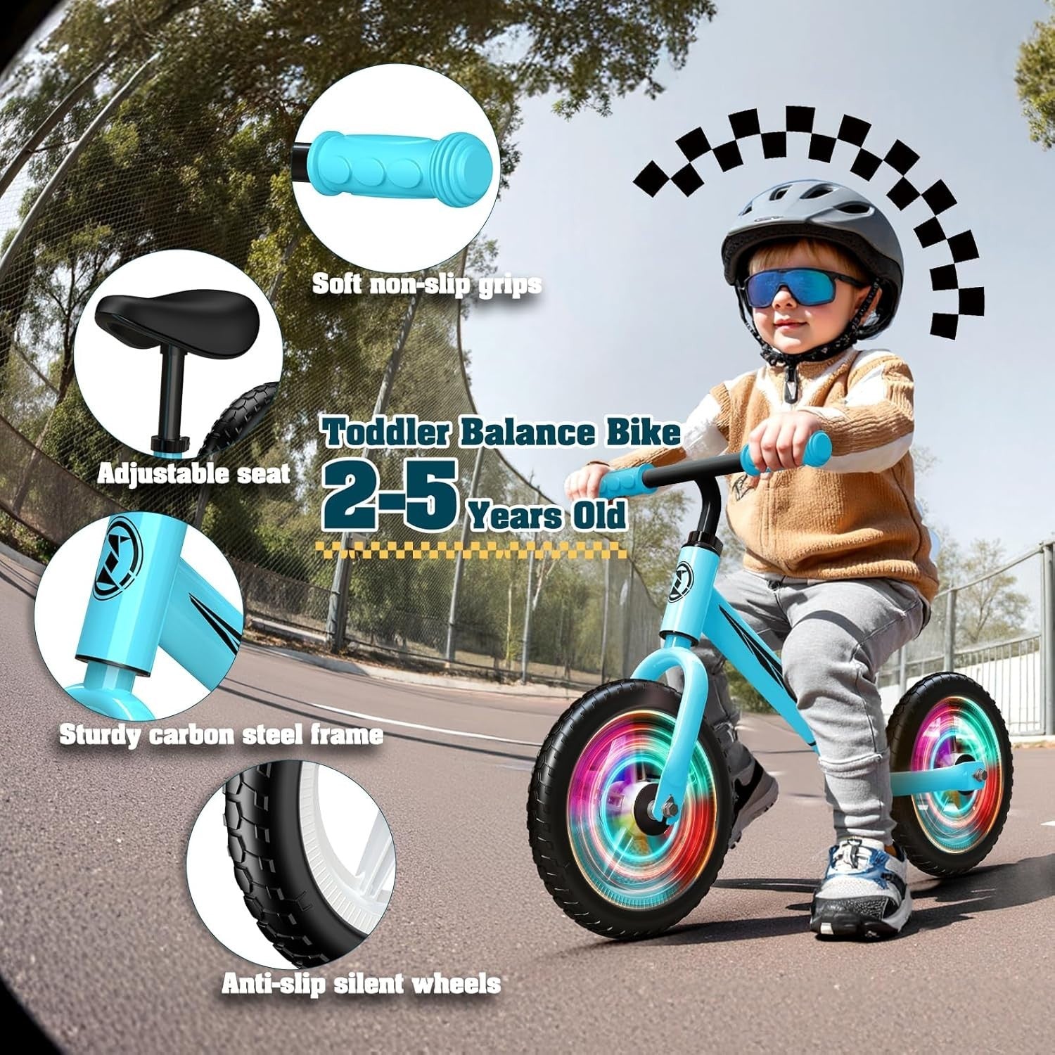 Kids Balance Bike LED Light Up Wheels Adjustable Seat 2-5 Years Blue