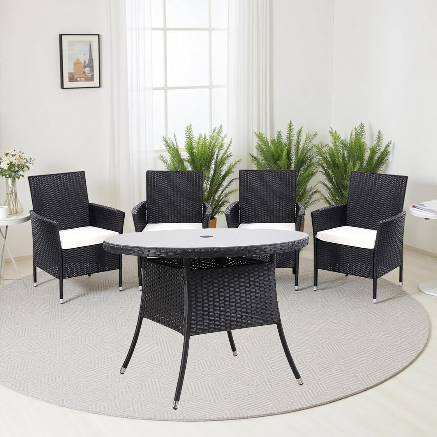 5pc Rattan Garden Dining Set w/ Cushions & 120cm Rectangular Table