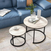 Nested Round Coffee Table Set of 2, Natural Oak Wood Finish, Space Saving Side E