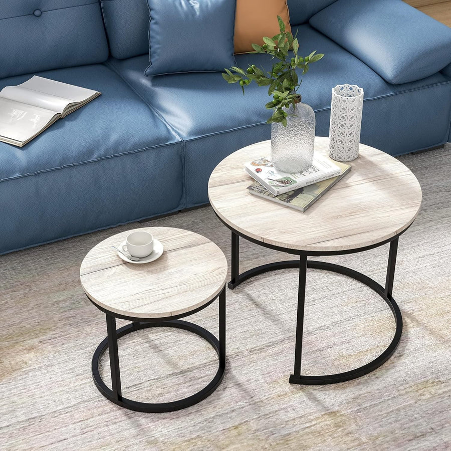 Nested Round Coffee Table Set of 2, Natural Oak Wood Finish, Space Saving Side E