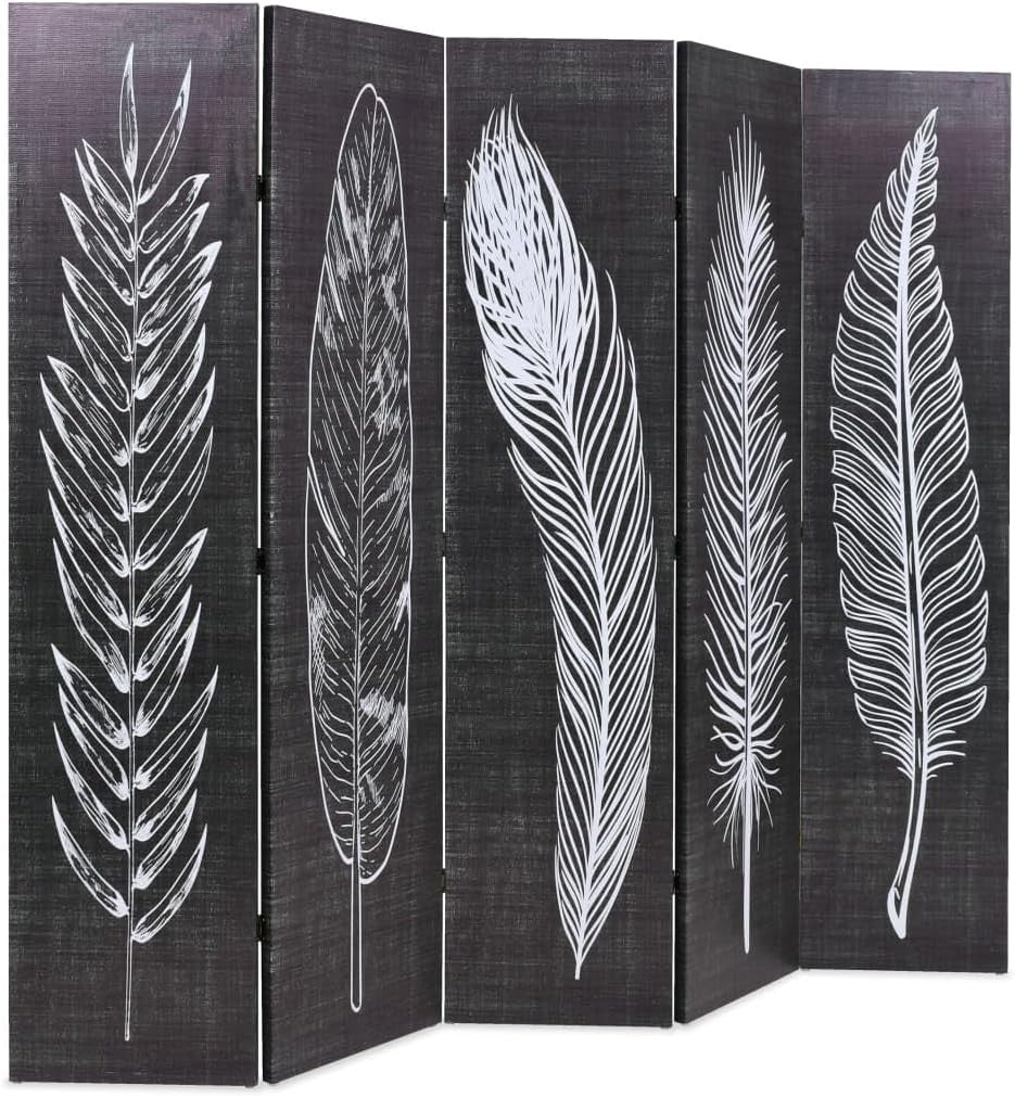 Feather Print Folding Room Divider 200x170cm Black White Canvas Screen
