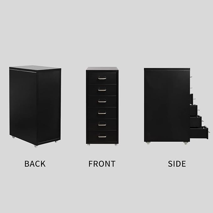 6 Drawer Metal File Cabinet with Wheels, Tall Lockable Rolling Office Storage