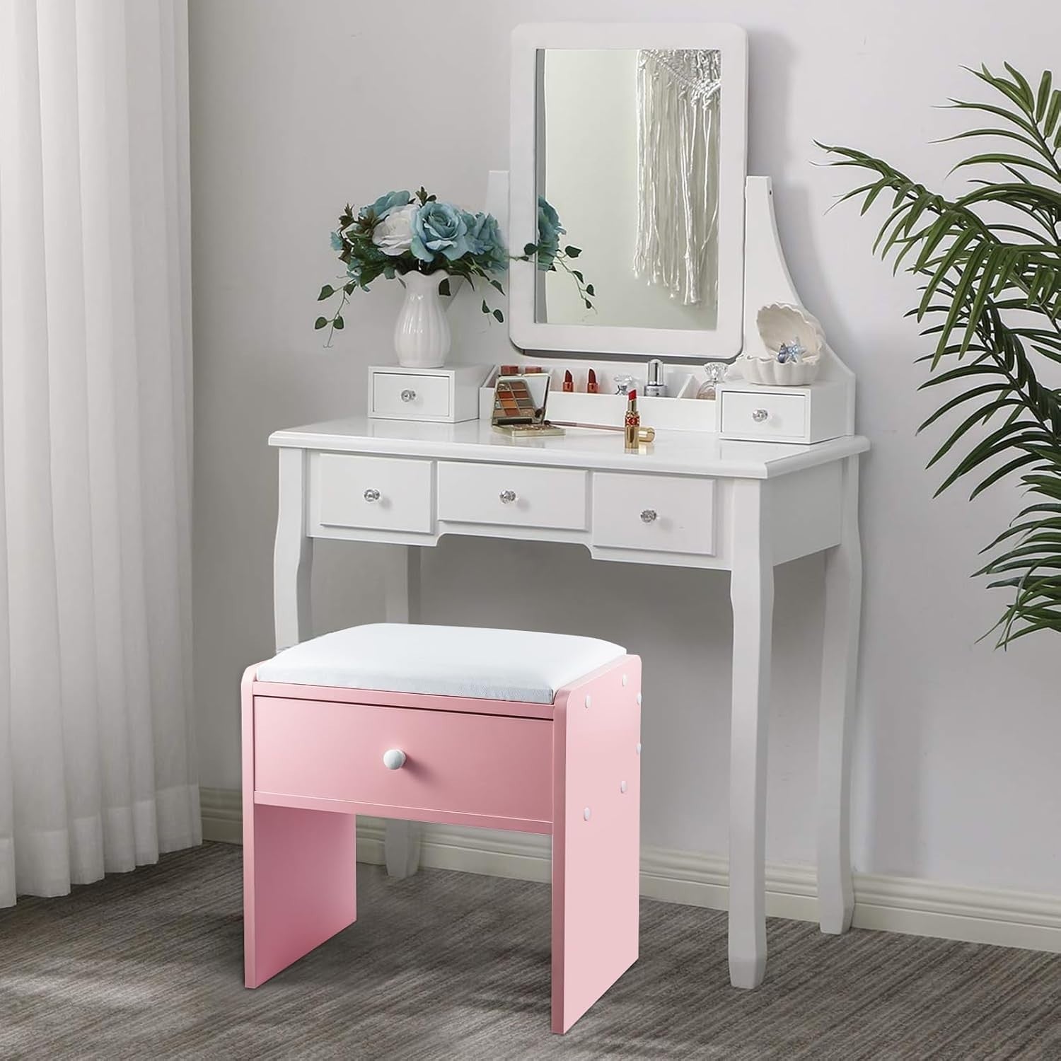 Pink Wooden Vanity Stool with Storage Drawer – Soft Padded Makeup Chair