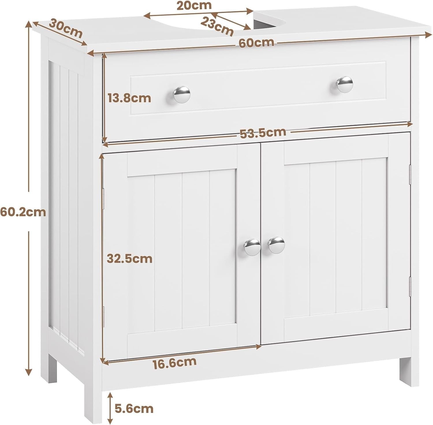 White Under Sink Bathroom Cabinet 60x30x60cm – 2 Doors & Drawer Storage