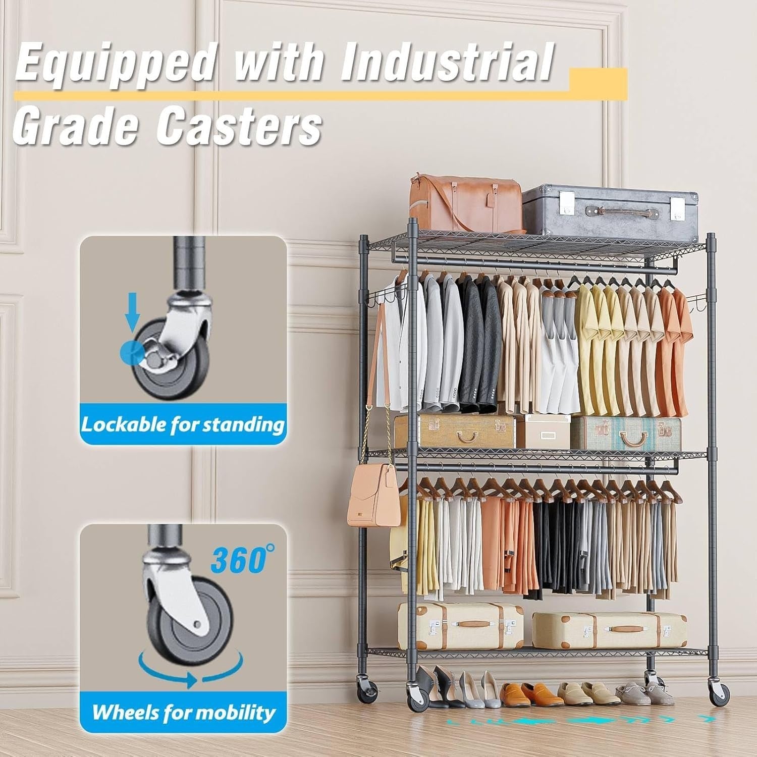 Heavy Duty Double Rod Clothes Rail 3-Tier with Wheels – Grey 205cm