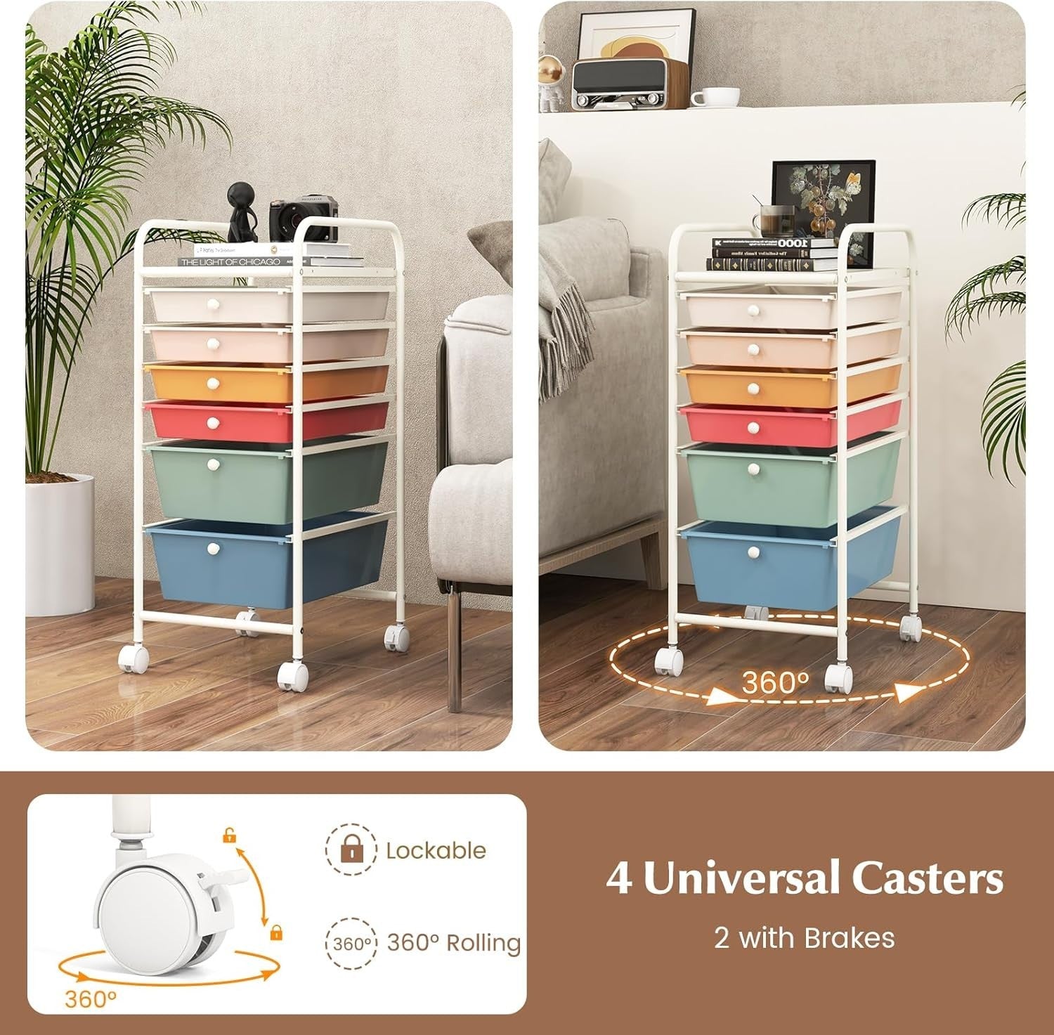 6 Drawer Colorful Rolling Storage Trolley Utility Cart with Wheels