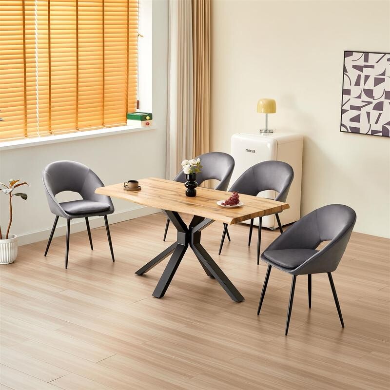 Wood Dining Table Set with 4 Grey Velvet Chairs X Iron Legs Modern 140cm