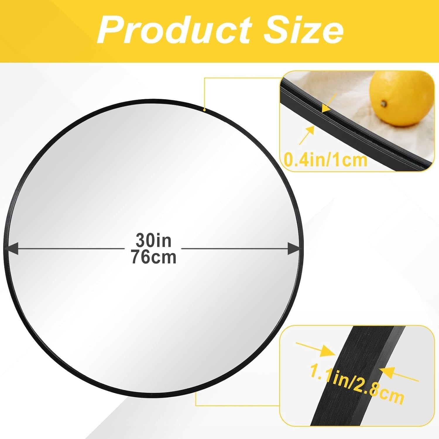 Black Round Wall Mirror 76x76 cm Metal Frame for Bathroom & Vanity