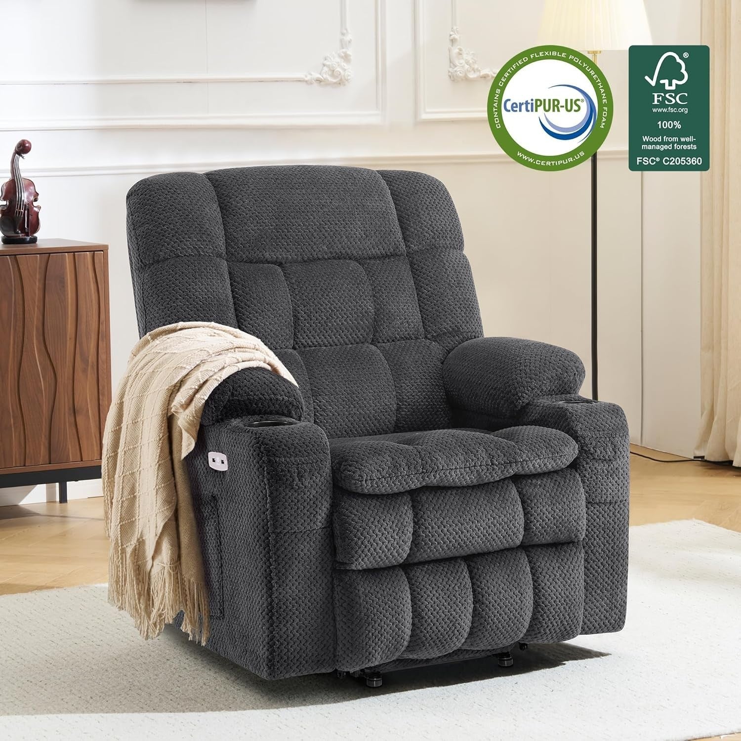 Dark Grey Dual Motor Riser Recliner Chair Heated Massage USB Fabric