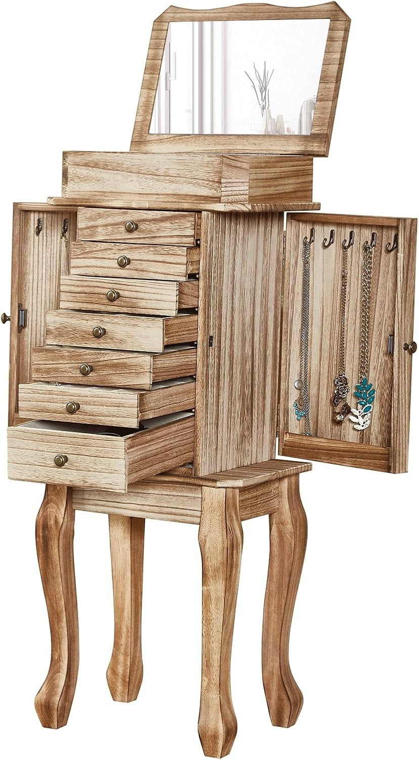 Rustic Brown Standing Jewellery Armoire with Drawers Side Doors Mirror