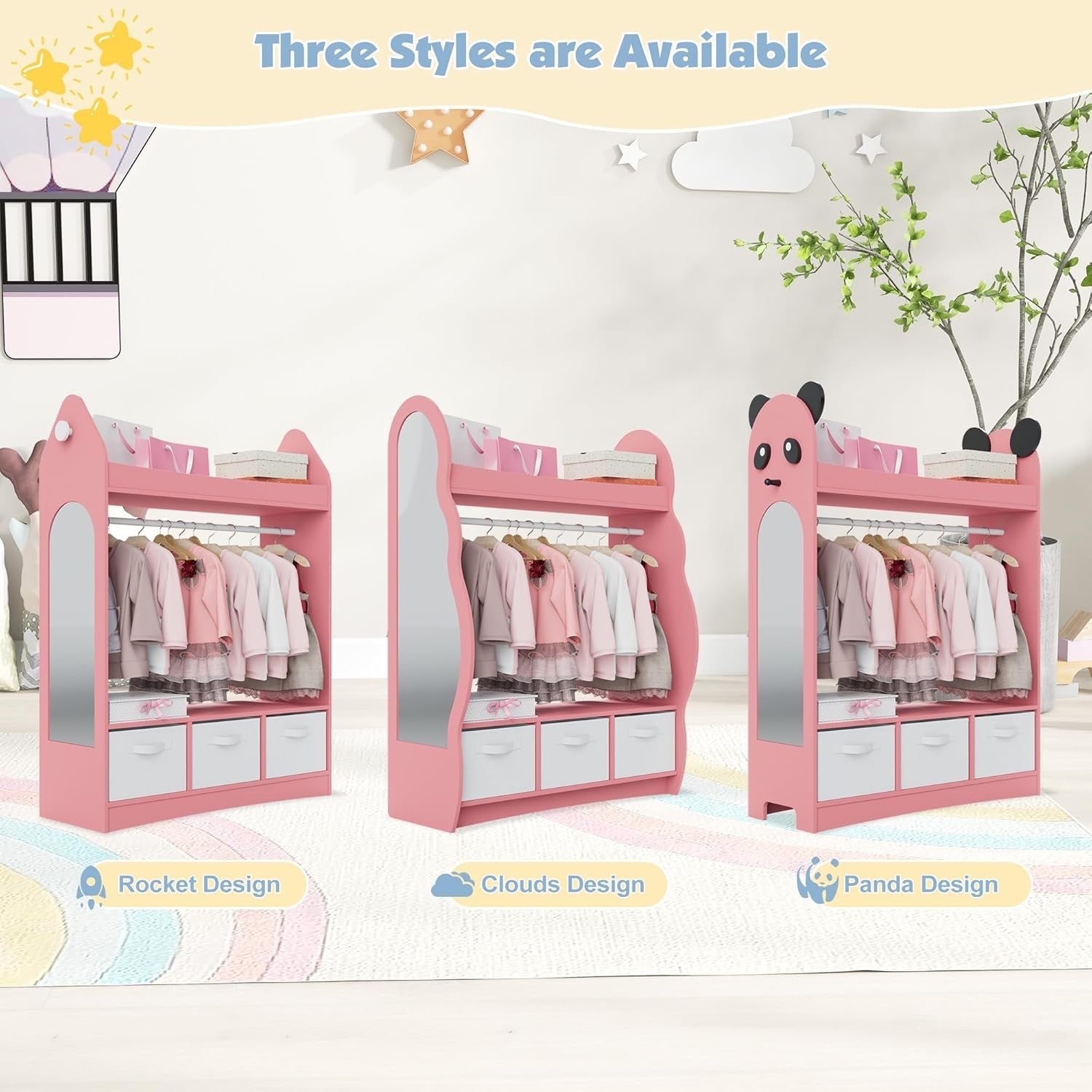 Kids Wardrobe with Mirror & 3 Drawers, Pink Panda Design, Storage & Hanging Rail