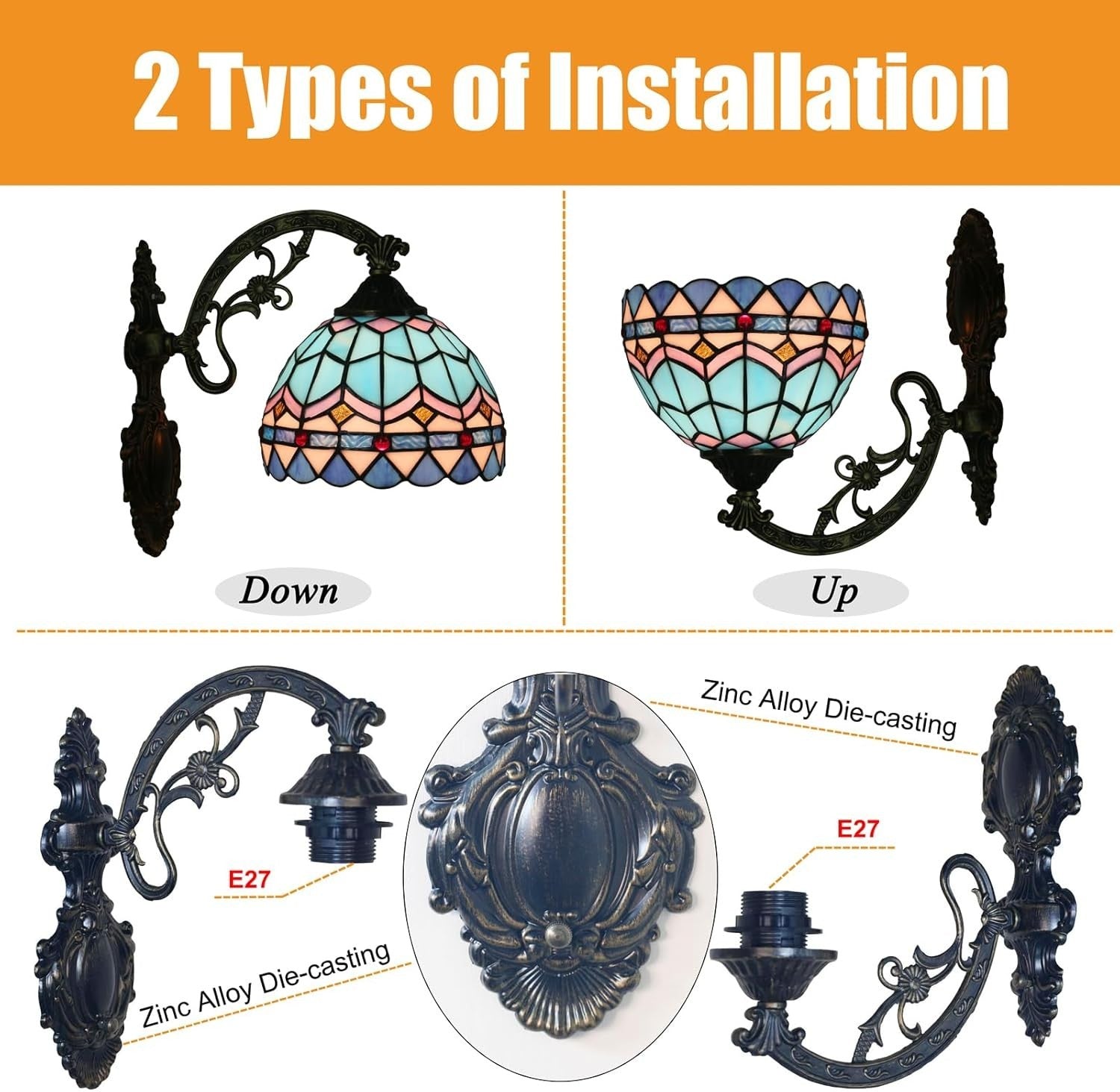 Mediterranean Stained Glass Wall Light 8in Vintage Indoor Sconce