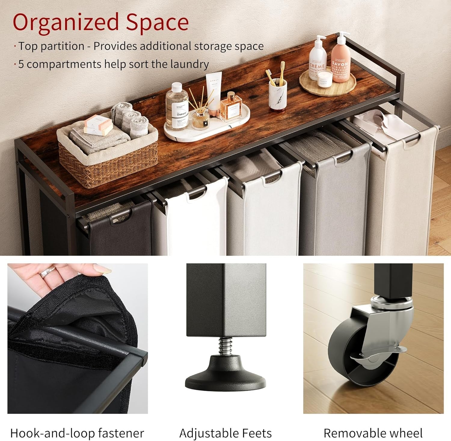 5 Section Laundry Basket with Shelf Rustic Brown 300L Removable Bags Wheels