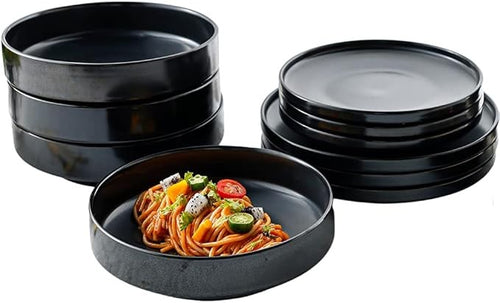 12pc Black Ceramic Dinner Plates Matte Glaze Microwave Dishwasher Safe