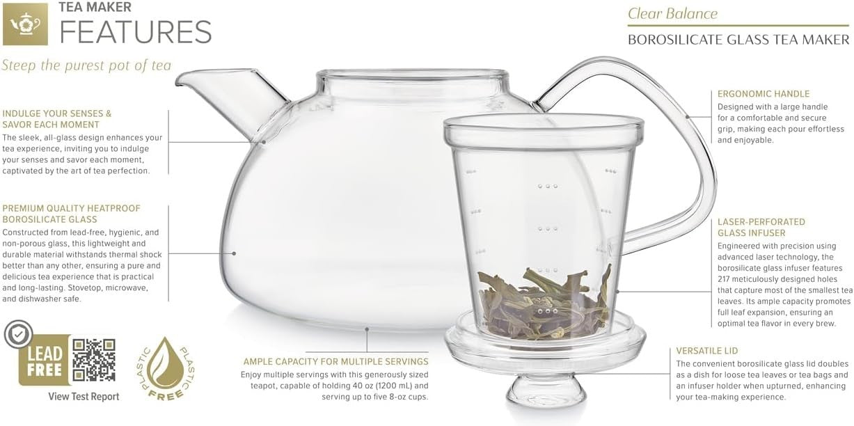 40oz Glass Teapot with Glass Infuser Stovetop Safe Loose Leaf Tea