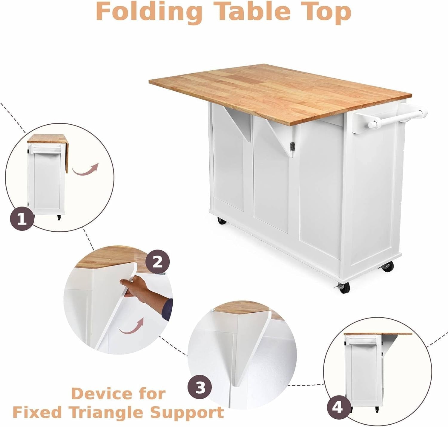 White Rolling Kitchen Island Cart with Extendable Top, 3 Drawers & Adjustable Sh